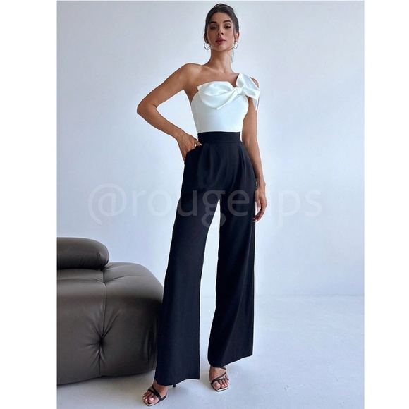 White Large Bow One Shoulder Bodysuit Slim Fit Asymmetrical - Picture 3 of 8